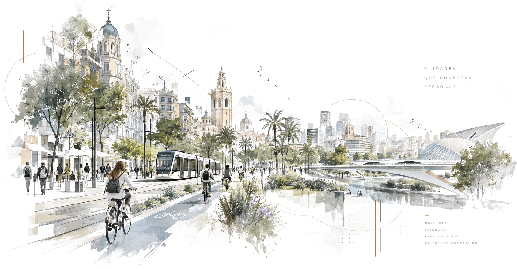 Ilustración de una calle de Valencia con tranvía, carril bici y peatones, con la Ciudad de las Artes y las Ciencias al fondo